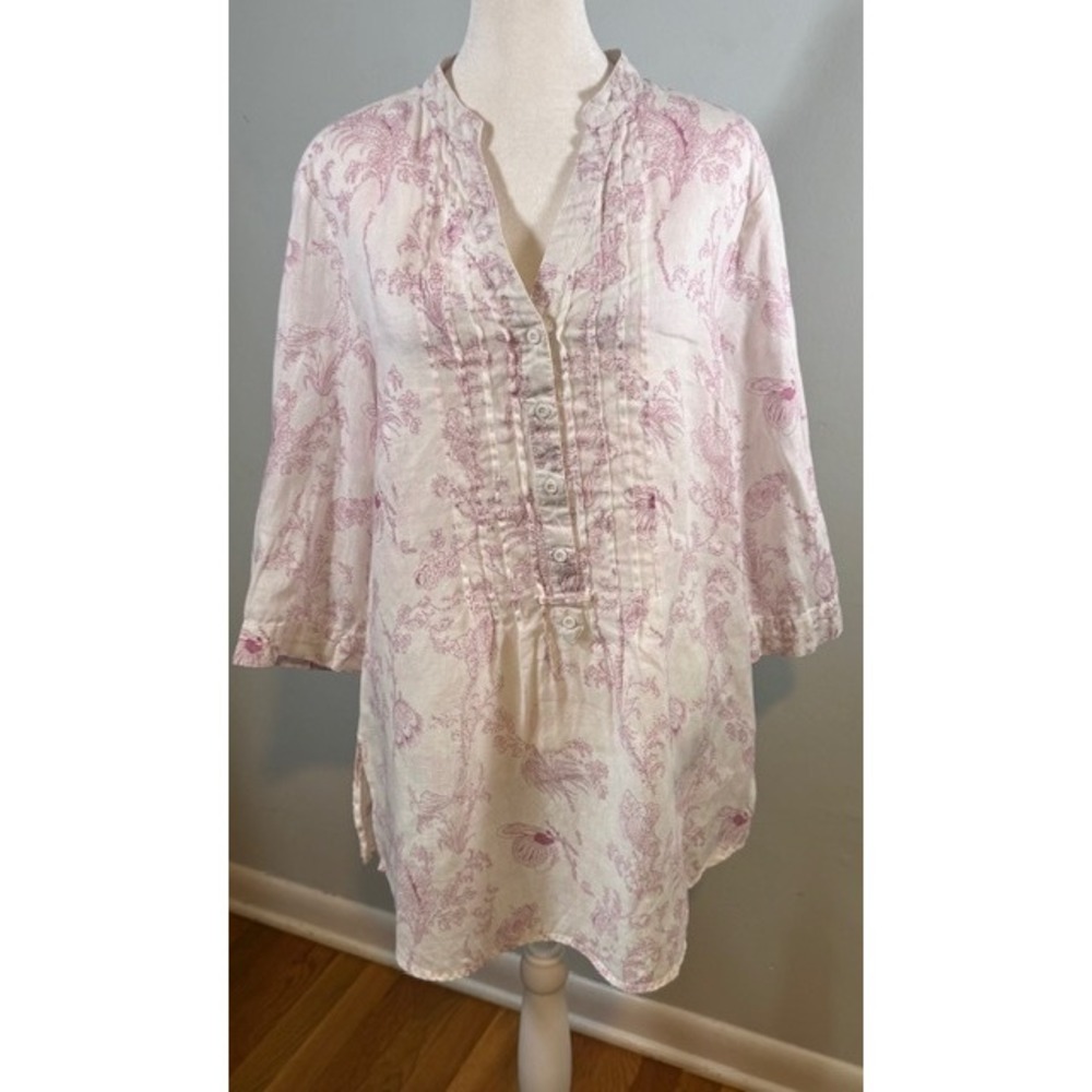 Malvin Hamburg Linen Tunic Top L US 10 Pintuck Toile‎ Print Pink White 3/4